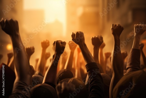 A raised fist of a protestor. large group of protesters. Generative AI