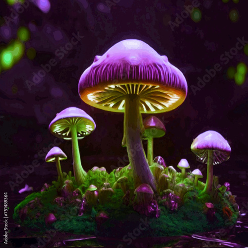 Hallucinogenic Sorcery Mushrooms. Sparkling Brilliant Neon Lights at the Woods