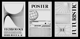 Set of three monochrome posters featuring abstract geometric designs and the word with grid figure in y2k style in a sleek, futuristic style. Modern Tech-Inspired Poster Set with Geometric Shapes.