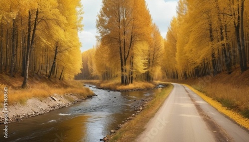 Autumn landscape of a river and a road in a forest of trees with yellow and brown foliage. Autumn landscape created with generative ai.