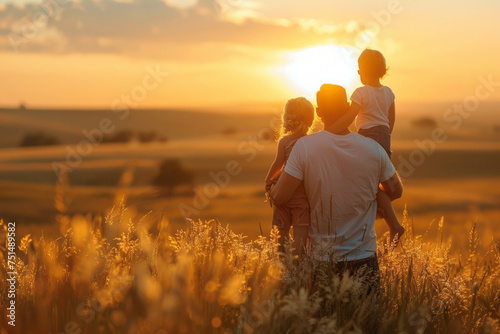 Affectionate family relationship in a field during sunset. Generative Ai