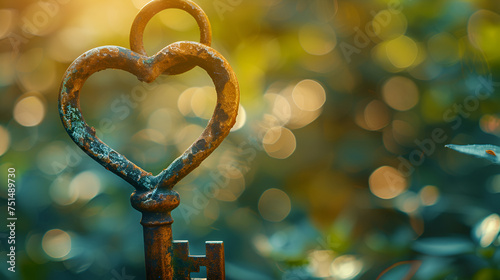 Rusty Vintage Key in Heart Shape, Antique Decoration and Retro Design, Sentimental Concept, Love and Romance, Generative AI © Saleem