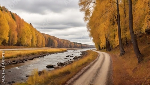 Autumn landscape of a river and a road in a forest of trees with yellow and brown foliage. Autumn landscape created with generative ai.