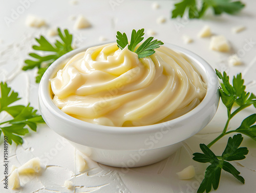 Creamy mayo in a bowl, garnished with parsley, surrounded by cheese bits photo