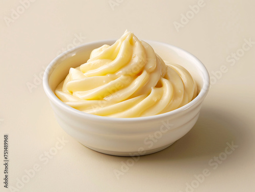Creamy swirl of mayonnaise in a white bowl against a light backdrop. photo