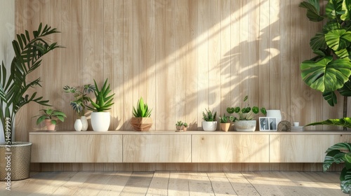 A mid century modern wall with shelves  a couple plants on the shelves. white oak aesthetic. only white oak walls. clean. white aesthetic. photo realistic.   