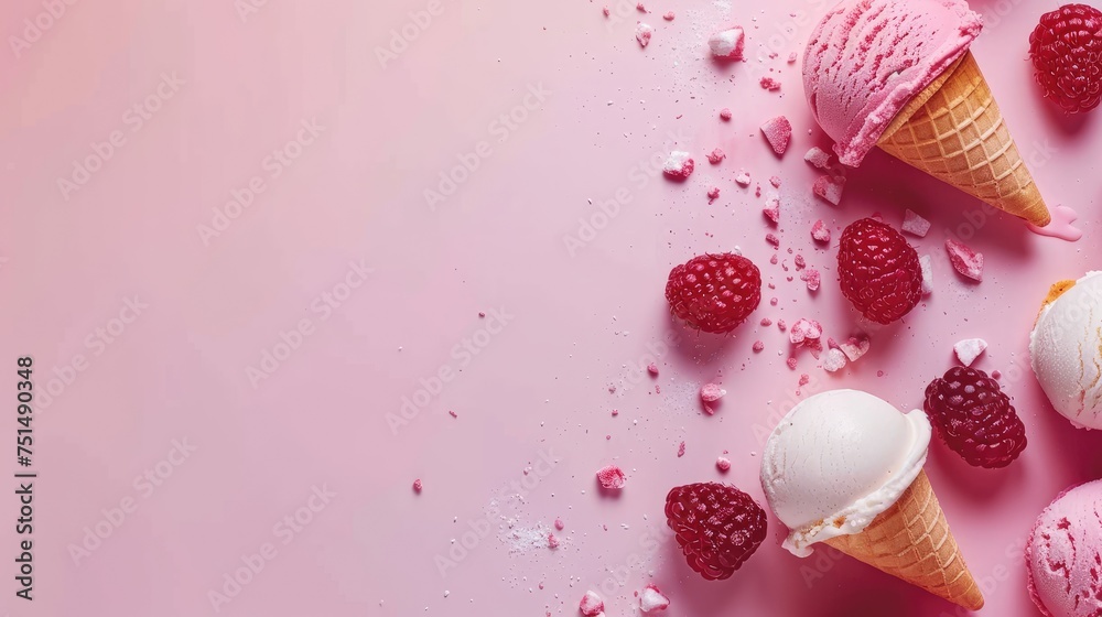 Artisanal Ice Cream Scoops and Cones with Fresh Berries. Artisanal Ice Cream Scoops and Cones with Fresh Berries.