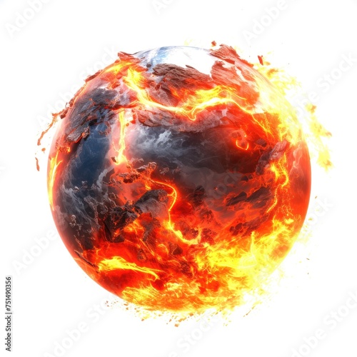 Fire planet burning on white background. Global catastrophe concept illustration.