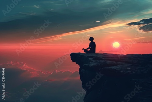 A person is seen sitting on top of a cliff  silhouetted against a colorful sunset in the background. The individual appears contemplative as they take in the stunning view. Generative AI