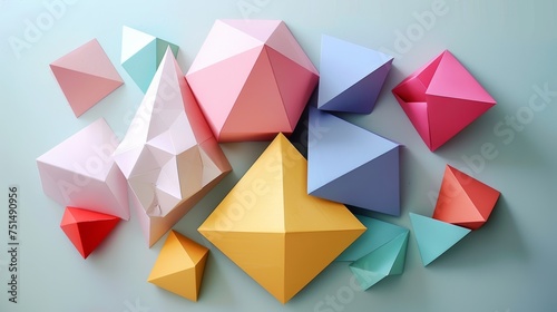 A background of colorful origami paper with geometric shapes for creative design projects