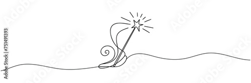 Magic wand linear drawn continuous icon. Magic staff black one line vector icon.
