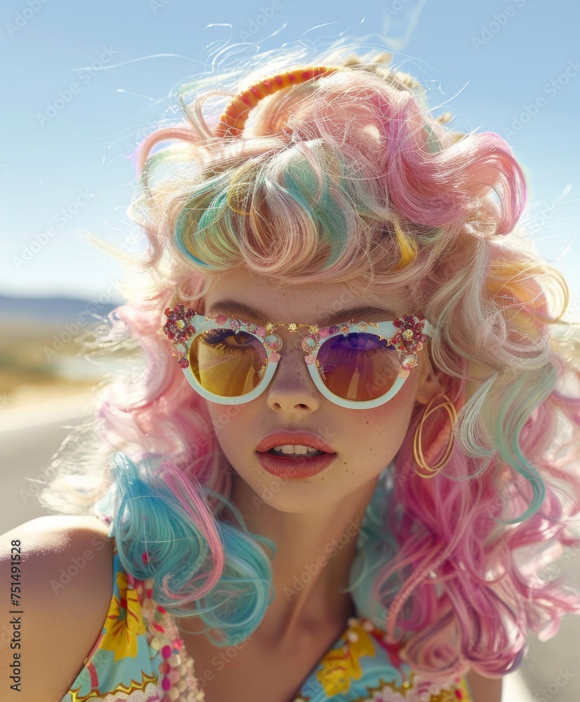 Fashion forward portrait of a model in vibrant glasses and multicolored hair under bright sunlight Fashion forward portrait of a model in vibrant glasses and multicolored hair under bright sunlight