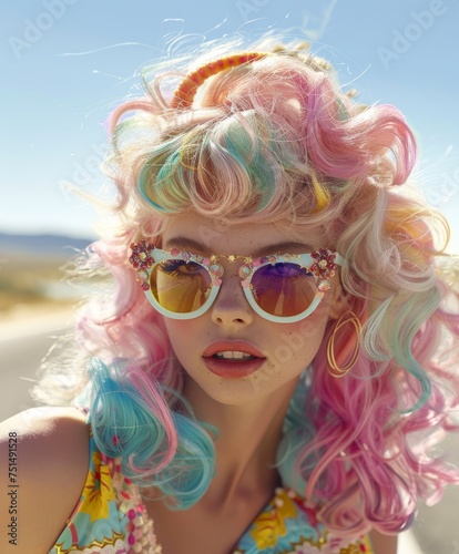 Fashion forward portrait of a model in vibrant glasses and multicolored hair under bright sunlight