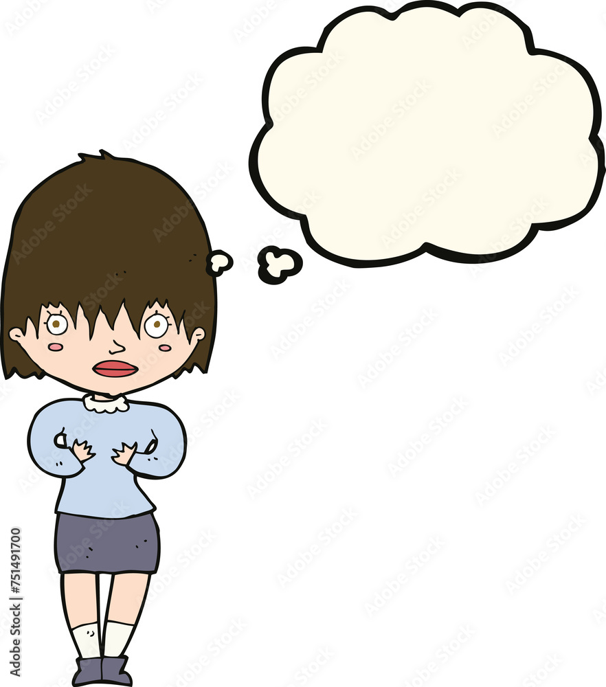 cartoon woman making Who Me? gesture with thought bubble cartoon woman making Who Me? gesture with thought bubble