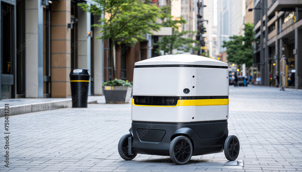 A sidewalk delivery robot is making its way down a city street