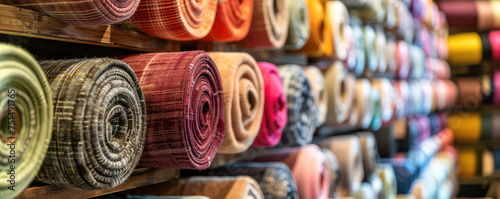 Colorful Fabric Selection Assortment. Assorted textiles rolls on display in fabric store, nobody, copy space. 