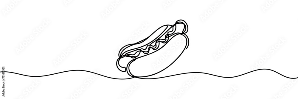 continuous line drawing of a hot dog.One line drawing of a hot dog. vector illustration continuous line drawing of a hot dog.One line drawing of a hot dog. vector illustration