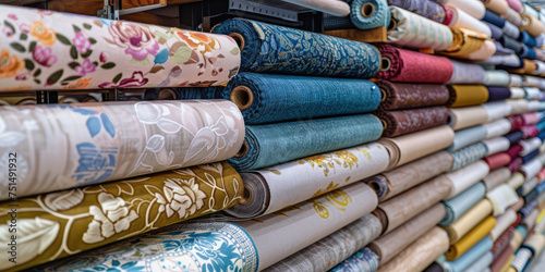 Colorful Fabric Selection Assortment. Assorted textiles rolls on display in fabric store, nobody, copy space.    photo
