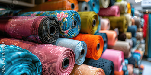 Colorful Fabric Selection Assortment. Assorted textiles rolls on display in fabric store, nobody, copy space. 