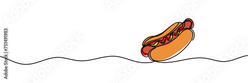 continuous line drawing of a hot dog.One line drawing of a hot dog. vector illustration