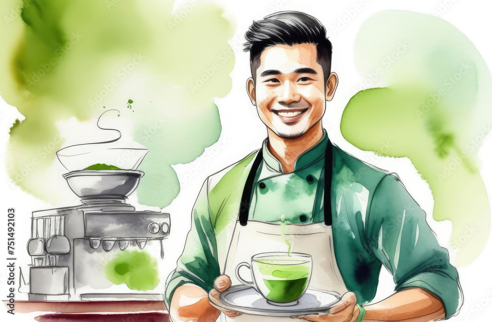 smiling Asian male barista with cup of Japanese green matcha tea on tray, watercolor illustration smiling Asian male barista with cup of Japanese green matcha tea on tray, watercolor illustration
