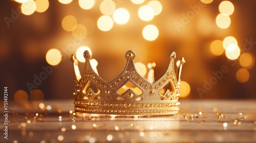 Gold shiny crown on warm bokeh background