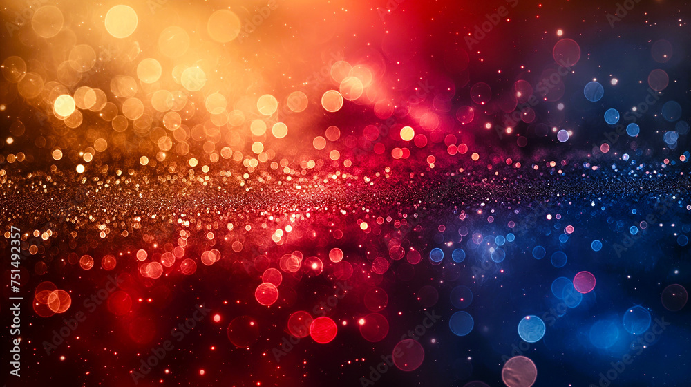 A mixed color of yellow, red and blue with blurry and abstract gold bokeh background