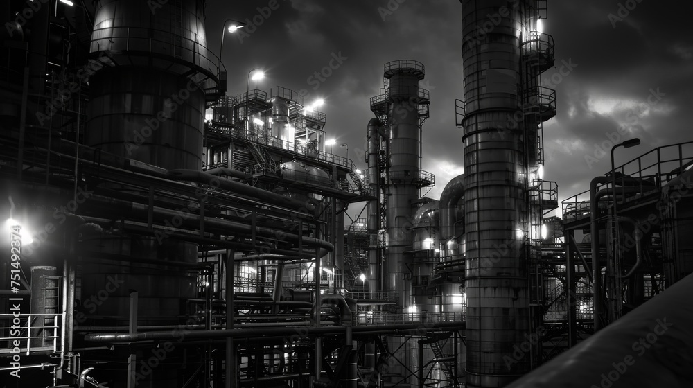 custom made wallpaper toronto digitalA black and white photo of an oil refinery at night, with a cloudy sky and lights illuminating the complex.