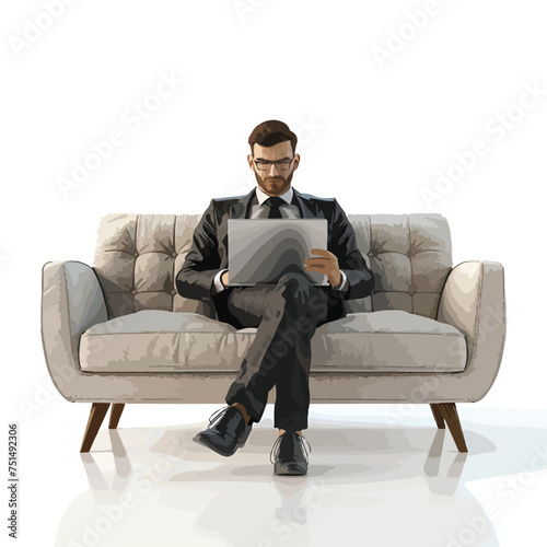 Business man Sitting on sofa with laptop 3D Render