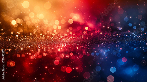A mixed color of yellow, red and blue with blurry and abstract gold bokeh background