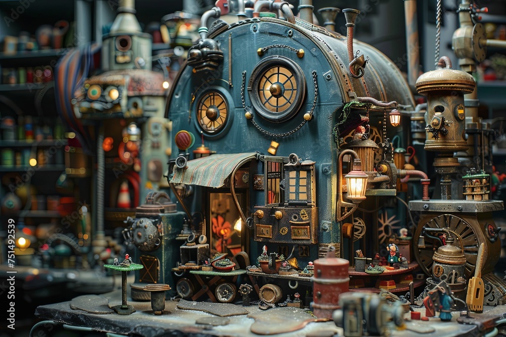 A meticulously crafted miniature steampunk workshop, complete with detailed machinery, cogs, and pipes, glows under the warmth of soft lighting. Generative AI A meticulously crafted miniature steampunk workshop, complete with detailed machinery, cogs, and pipes, glows under the warmth of soft lighting. Generative AI