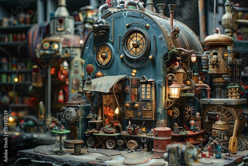 A meticulously crafted miniature steampunk workshop  complete with detailed machinery  cogs  and pipes  glows under the warmth of soft lighting. Generative AI