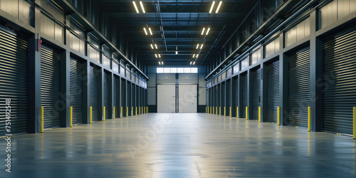 Indoor Storage Unit Facility. Big storage facility with individual units garages with doors for storage or parking. 