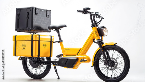 Close up of a yellow electric delivery bike with a black and yellow cargo box on the back