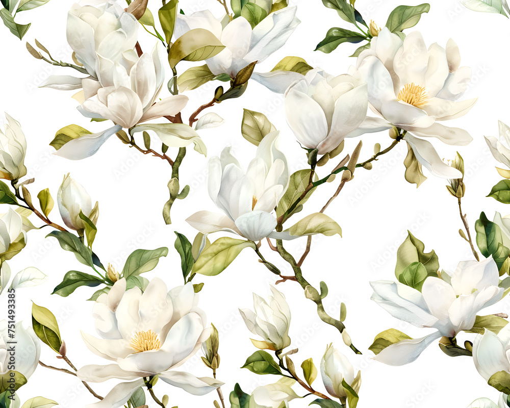 Fototapeta premium Seamless watercolor pattern of white magnolia flowers blooming in spring, isolated on a white background