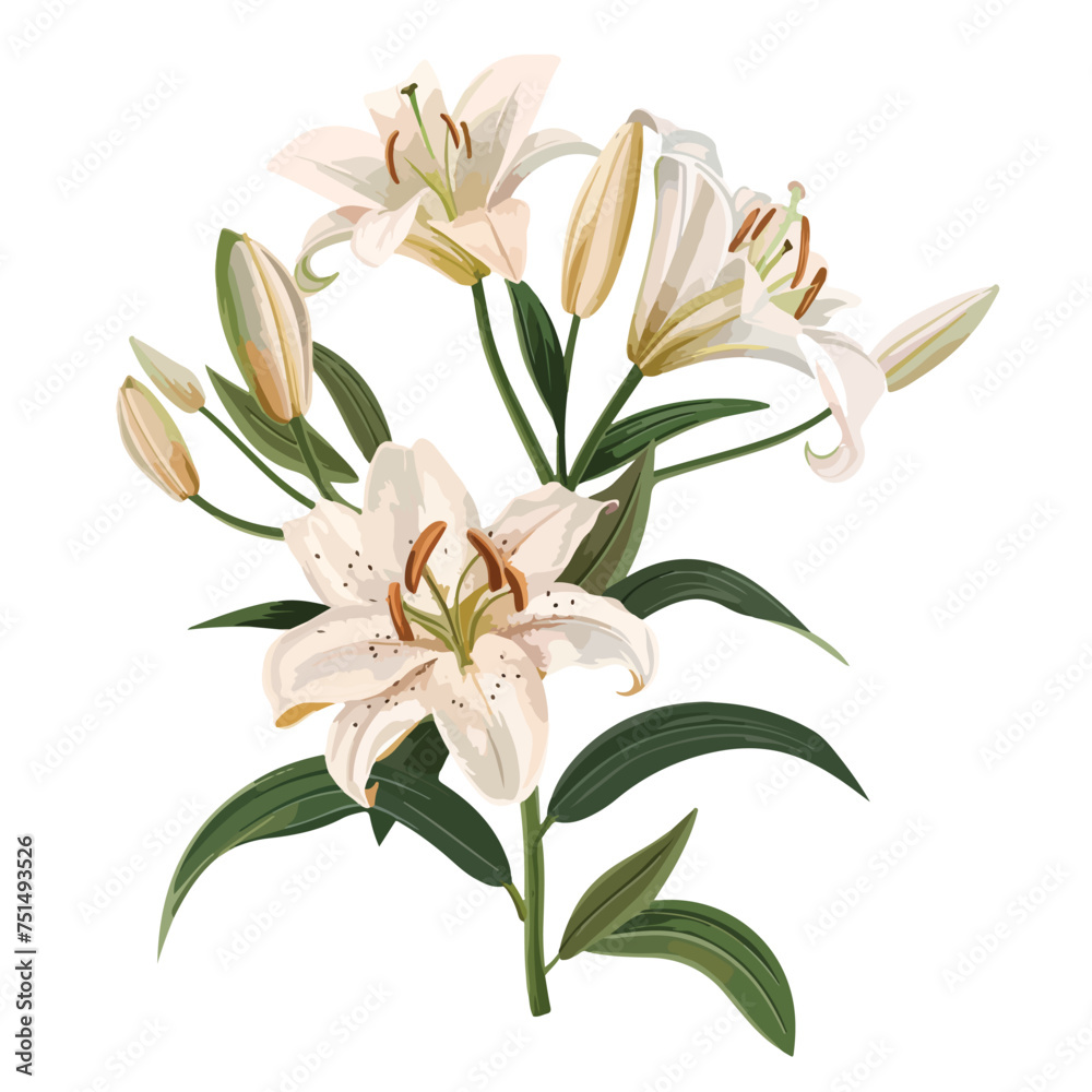 Elegant blooming lilies with buds cut out flat vector