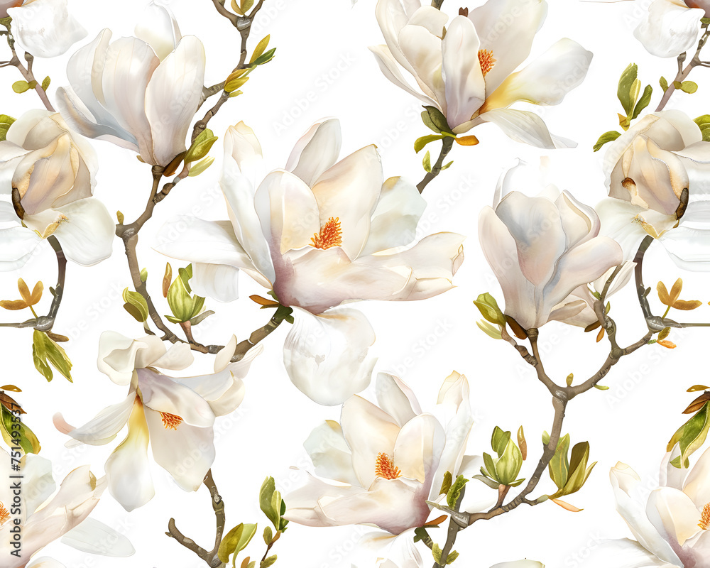 Fototapeta premium Seamless watercolor pattern of white magnolia flowers blooming in spring, isolated on a white background