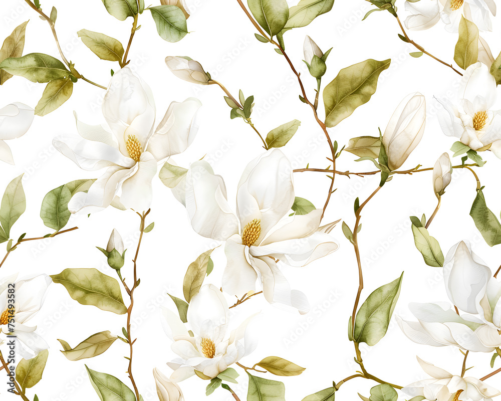 Fototapeta premium Seamless watercolor pattern of white magnolia flowers blooming in spring, isolated on a white background