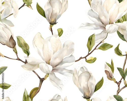 Fototapeta Naklejka Na Ścianę i Meble -  Seamless watercolor pattern of white magnolia flowers blooming in spring, isolated on a white background