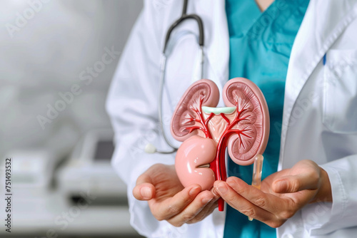 Female doctor holding model of human kidney in her hands. Generative Ai photo