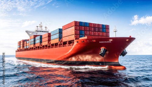 Cargo ship sailing in the sea. Freight transportation and logistics