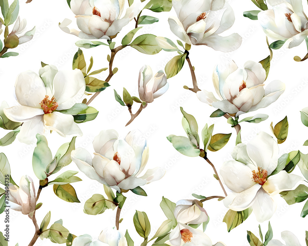 Obraz premium Seamless watercolor pattern of white magnolia flowers blooming in spring, isolated on a white background