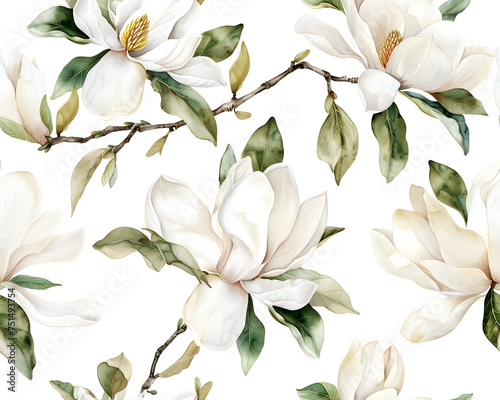Fototapeta Naklejka Na Ścianę i Meble -  Seamless watercolor pattern of white magnolia flowers blooming in spring, isolated on a white background