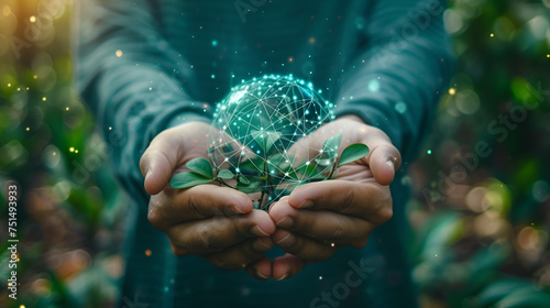 Global Connectivity Concept with Man Holding Network Data Worldwide. Technology Connection and Data Sharing in Digital World Environment. Human Hands with Digital Network. Generative Ai