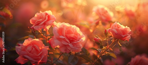 Beautiful pink roses blooming in a vast meadow under the bright sunlight