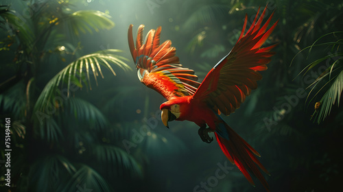 Red Hybrid Parrot in Forest. Macaw Parrot Flying in Dense Forest Environment. Colorful Exotic Bird in Natural Habitat. Wildlife and Nature Concept. Generative Ai © Saleem