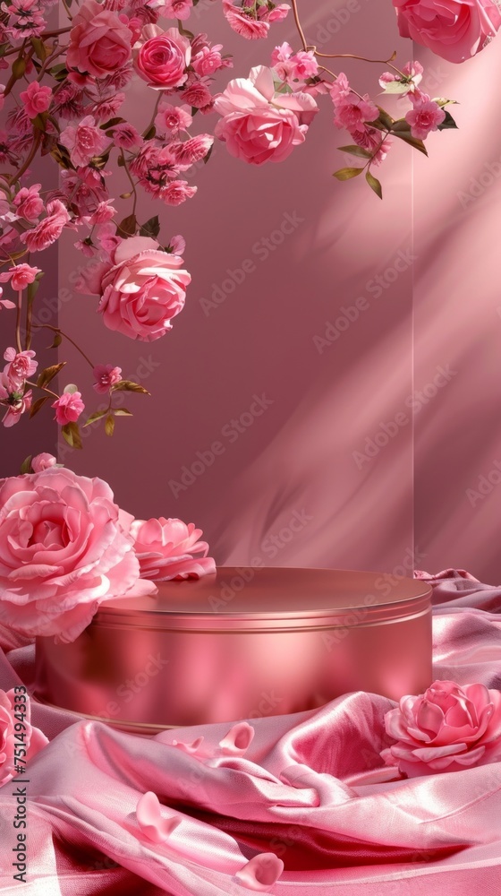 Soft pink silk fabric elegantly drapes around a round pedestal adorned with beautiful roses, perfect for showcasing luxury products Soft pink silk fabric elegantly drapes around a round pedestal adorned with beautiful roses, perfect for showcasing luxury products