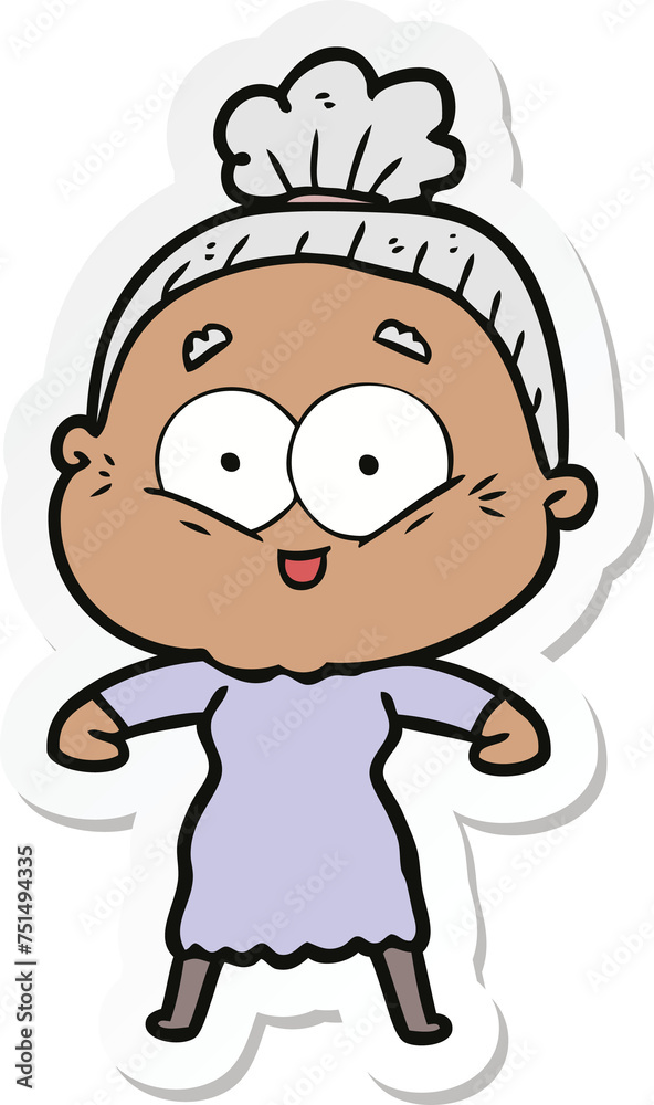 sticker of a cartoon happy old woman