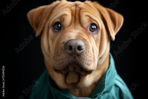 Portrait of a shar pei dog dressed in medical scrubs   Generative Ai