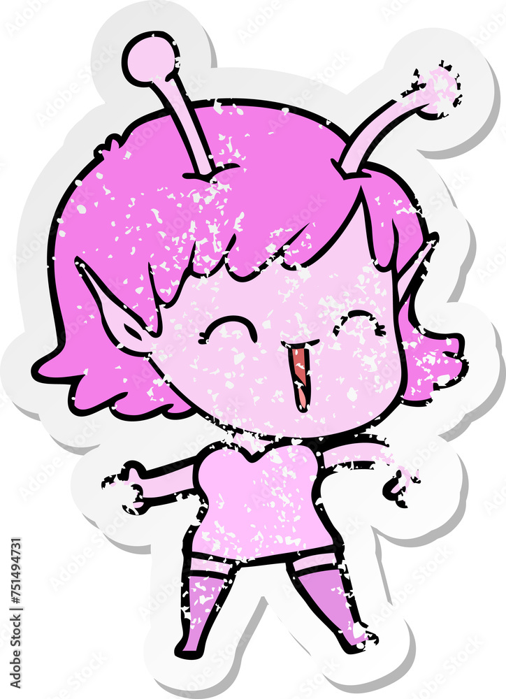 distressed sticker of a cartoon alien girl laughing distressed sticker of a cartoon alien girl laughing